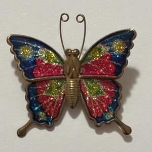 Vintage Butterfly Pinback Brooch Pin Gold Brass Enameled Pink Blue Purple 1970s